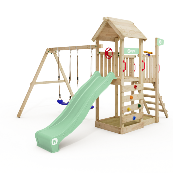 Spielturm Wickey MultiFlyer mit Holzdach und Schaukelanbau "Natur" main product photo