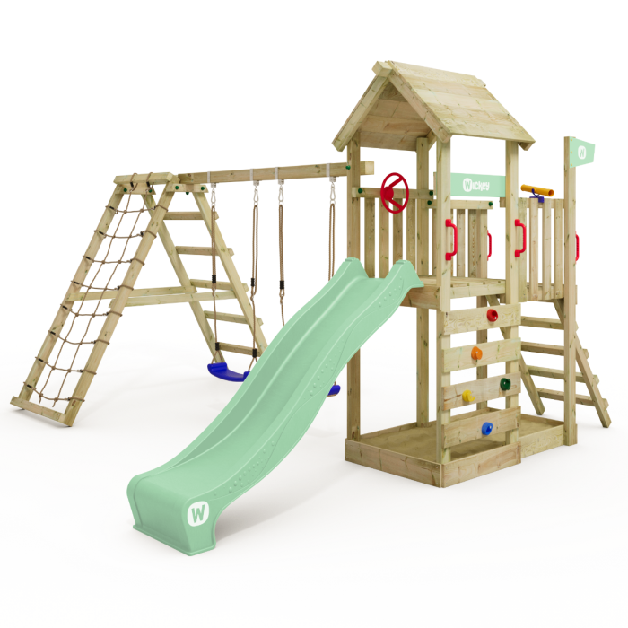 Spielturm Wickey MultiFlyer mit Holzdach und Kletteranbau main product photo